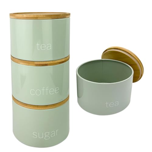 3 Pieces Jar with Wooden Lid Tea Coffee Sugar Canister Storage Container Bowl Pots Kitchen Storage Tins (Sage)