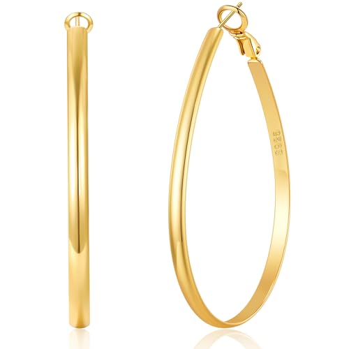 RANKEEF 4MM De Large Grande Or Ovale Boucle d'oreille Creole Non Ternissant Boucles d'oreilles en or 14K pour femmes Hypoallergéniques S925 Post Léger Grands Creole Or...