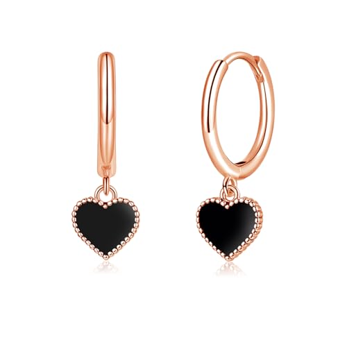 Image of Estrellique Rose Gold Hoops Earrings for Women, 925 Sterling Silver Drop Hoop Earrings with Black Heart Design, Dainty Small Cute Cartilage Cuff Silver Sleeper Earrings Jewelry Gifts for Girls Teen
