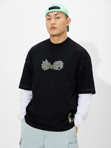 Image of The Souled Store Rick & Morty: Existential Crisis Men and Boys Short Sleeves Round Neck Black Graphic Printed Cotton Super Oversized T-Shirts