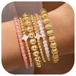 Yoosteel Gold Beaded Bracelets Set for Women Non Tarnish - 14K Gold Plated Dainty Round Bead Ball Pearl Cross Bracelet Stack for Women Teen Girls Simplicity Stackable Jewelry Christmas Gifts