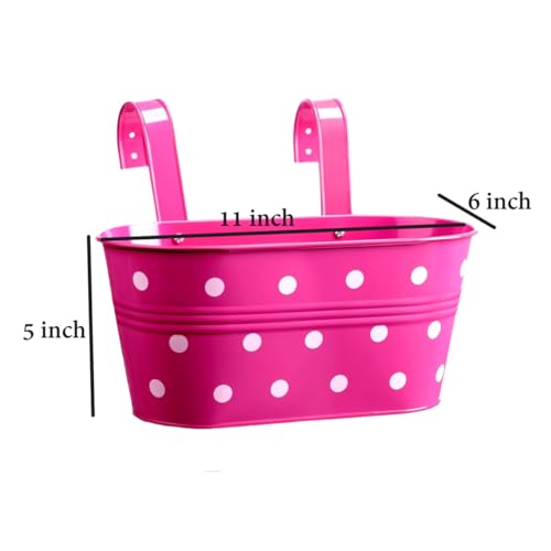 Image of 12 INCH Anti Rust Railing Oval Planter for Balcony & Garden with Detachable Handle | Hanging Flowerpot Holder | Metal Wall Planter for Indoor and Outdoor Decor (Multicolour Polka Dot, 2)