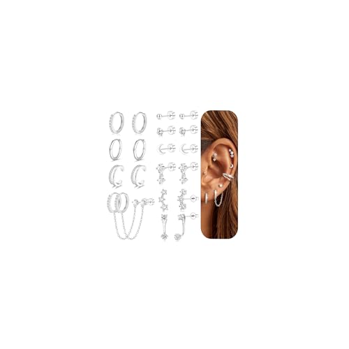 Roheafer Silver Hoop Studs Earring Sets for Women 14K Gold Plated Huggie Hoop Earrings Surgical Steel Flat Back Earring Studs Stackable Cartilage Flatback Earring Stacks for Multiple Piercing