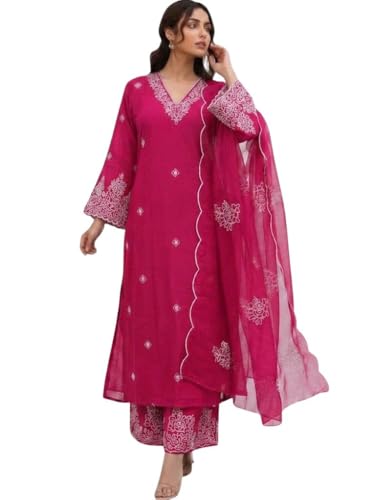 Image of SHIENZY Women's Embroidered Kurta Pant Set with Dupatta | Straight Kurta Set for Women | Ethnic Kurta Set for Women, Traditional Indian Kurta Pant Dupatta Set