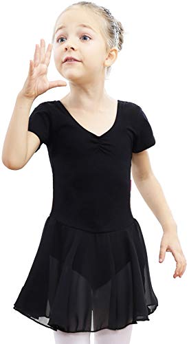 DIPUG Ballet Leotards for Girls Ballet Leotard With Skirt Toddler Dance Leotards Short Sleeve Black Size 6-7