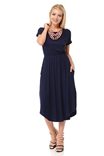 iconic luxe Women's Solid Short Sleeve Flare Midi Dress with Pockets X-Large Navy