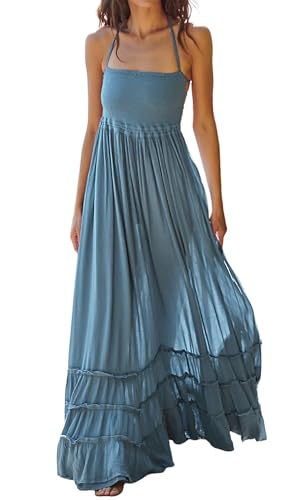 R.Vivimos Womens Summer Boho Sexy Backless Long Dresses (Large HazeBlue)