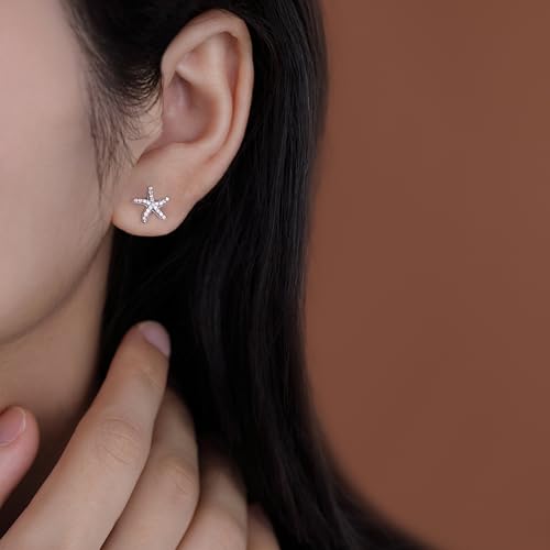 Reffeer Solid 925 Sterling Silver CZ Starfish Stud Earrings for Women Teens Beach Stud Earrings Sea Fish Earrings2