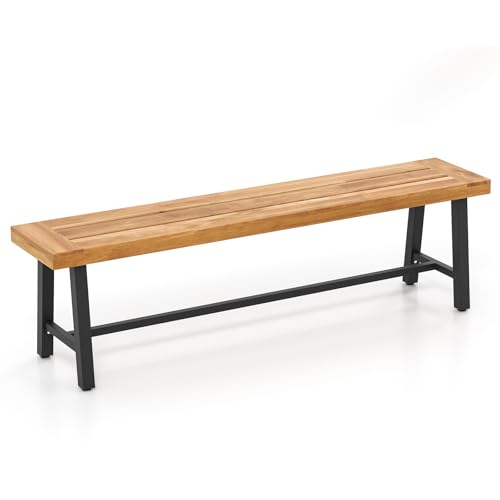 GIANTEX Banc de Jardin en Bois d'Acacia 160 x 32 x 45 CM, 3-4 Places Banquette d'Exterieure avec Barres de Support, Pieds Réglables, Charge 320 KG, Assise...