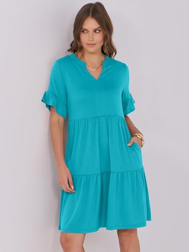 Image of ANRABESS Women's Summer Casual Dress, V-Neck Ruffle Sleeve Tiered Mini Dress, Soft Comfy Fabric with Pockets for All-Day Wear