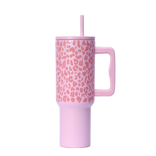 タンブラー ストロー付き 保温杯 魔法瓶 ステンレス 水筒 大容量 コーヒー 水筒 ウォーターボトル 真空断熱 保温 保冷 ステンレスボトル 広口 直飲み 蓋付き アウトドア 取っ手付き 持ち運び こぼれない ヒョウ柄カップ (ピンク)
