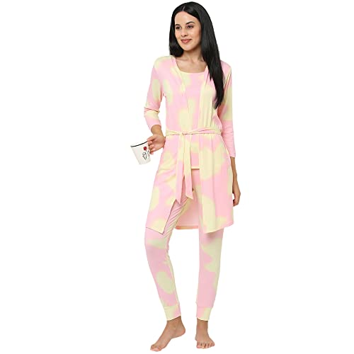 Image of Sweet Dreams Women Tie & Dye Lapel Collar 3 /4th Sleeve Poly Brush Robe, Slip & Pyjamas