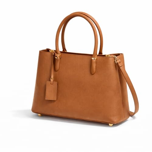 Bolsa Feminina Estruturada Couro Sintético com Alça Removível, 3 Compartimentos, Zíper, Pé de Metal (Marrom)