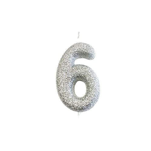 Anniversary House Metallic Silver Glitter Candle, Number 6, 6th Birthday Cake Topper, 7 Centimeters, AHC40/6