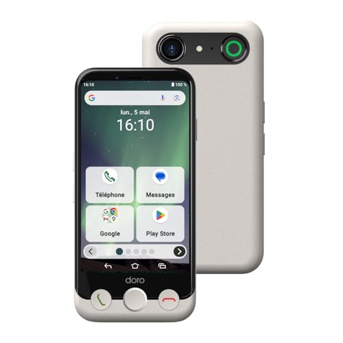 Doro - Smartphone Aurora A10 - Téléphone Portable Senior - Facile à Utiliser - Touche d'Assistance avec Localisation GPS - Compatible Appareils Auditifs - Câble USB...