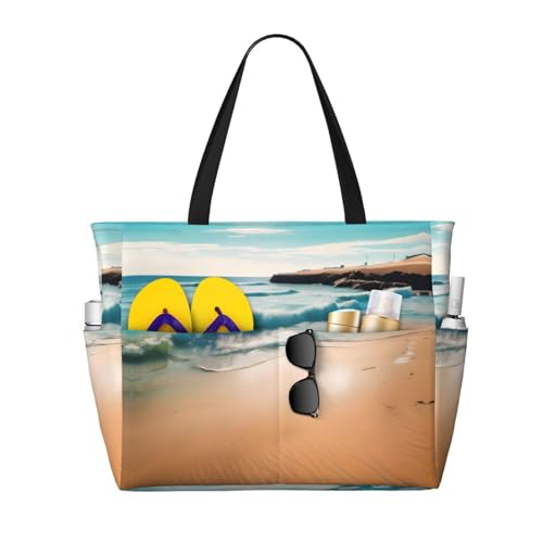Beach scenery Large Capacity Beach Travel Bag, Foldable Beach Bag with Zipper, Great for Grocery Bag Pool Gym Travel Shopping