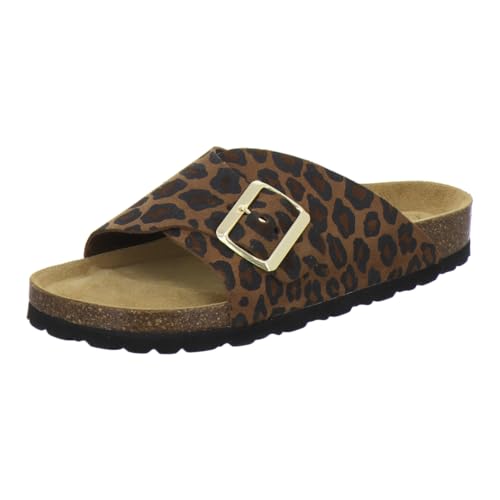 AFS-Schuhe 2150 Damen Sandalen aus echtem Leder Bequeme Sommer Pantoletten mit Fußbett und Schnalle Made in Germany (41 EU Leo-braun)