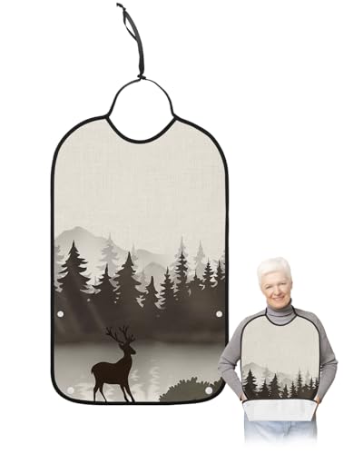 LEOKOTI Brown Forest Adult Bibs for Eating, Waterproof Bibs with Food Catcher & Adjustable Snap Closure, Cartoon Elk Animals Farmhouse Washable Clothing Protectors Adult Bibs for Elderly Women/Men