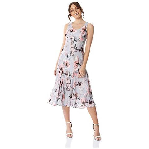 Roman Originals Womens Floral Bias Cut Godet Dress - Ladies Fit and Flare Formal Occasion Wedding Guest Graduation Smart Casual Everyday Wear Dresses - Grey - Size 12 Cover