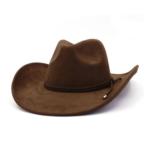 Image of Western Cowboy Hat for Women Men Wide Brim Cowboy Hat for Women with Woven Buckle Belt Suede Classic Fedora Hats