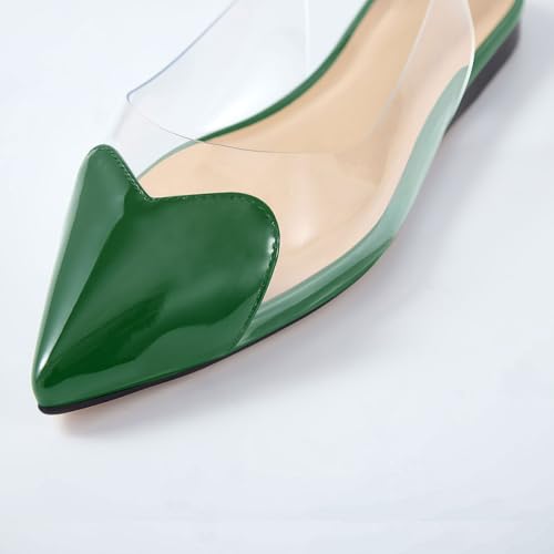 VogueVent Women's Fashion Pointed Toe Heart Transparent PVC Slingback Flat Shoes Comfort Slip On Cap Toe Clear Ballet Flats Work Wedding Dress Flat Shoes for Women Green Size 5.53