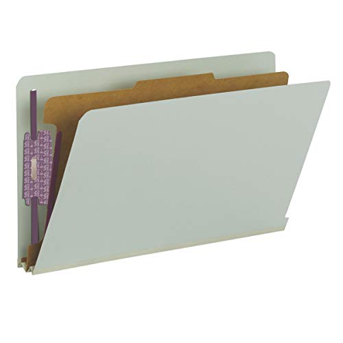 Smead 100% Recycled End Tab Pressboard Classification File Folder with SafeSHIELD Fasteners, 1 Divider, 2″ Expansion, Legal Size, Gray/Green, 10 per Box (29800)