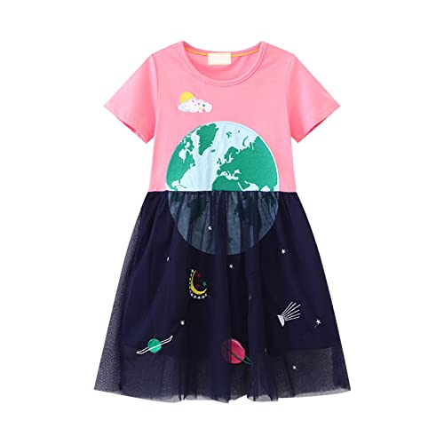 Girls Cotton Cartoon Dress Applique Party Dresses Space Planet Pattern Dress Children's Casual Short Sleeved