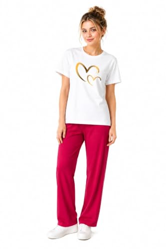 Image of ELVIA Women's Pure Cotton Top and Pyjama Co-Ord Set | Double Heart Graphic Printed Night Suit | Regular Fit Half Sleeve Round Neck T-Shirt with Pajama Sleepwear Loungewear Set