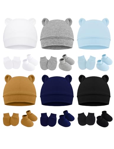 Image of ZURLEFY Cotton Baby Hats Mittens and Socks Set Unisex, Toddler No Scratch Mittens and Beanie Cap Infant Newborn Hospital Hat