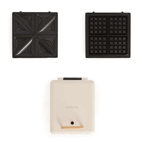 CREATE/STONE STUDIO/Sandwichera grill y gofrera cuádruple blanco roto / 3 placas intercambiables: Grill, Gofre y Sandwich, antiadherente, apertura 180º, 4 rebanadas, autoapagado, retro, 1600W