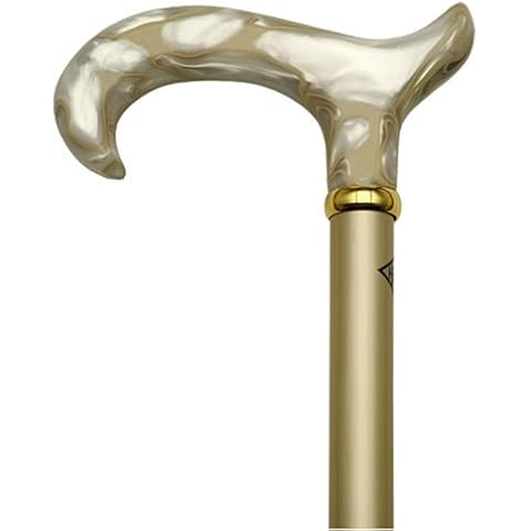 Walking Cane Pearly Pearl Walking Stick Cane has a Derby Lucite Pearly Handle with Hardwood Metallic Gold high Finish 36" Shaft 250 lb Cap Cover
