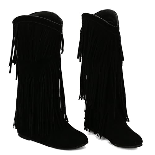 DINTAHA Flat Fringe Cowboy Boots Faux Suede Cowgirl Boots Knee High Boots Flat Tassel Western Boots3