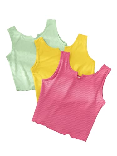 Floerns Girl's 3 Pcs Knitted Notch Neck Lettuce Trim Sleeveless Crop Tank Tops