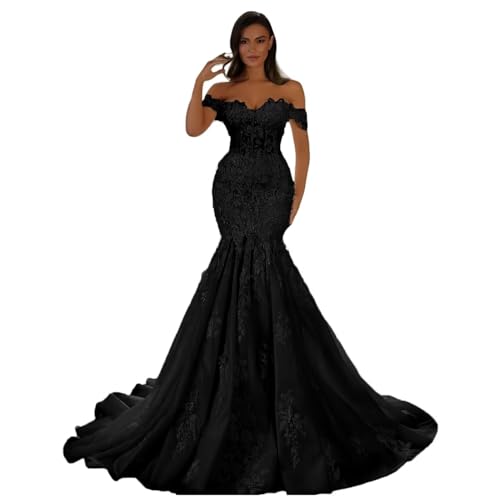 Mermaid Tulle Wedding Dresses for Women Off The Shoulder Laces Applique Sweetheart Bridal Gowns for Wedding Black
