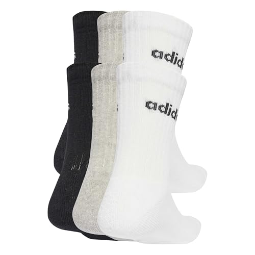 adidas Unisex LINEAR CREW SOCKS CUSHIONED SOCKS 6 PAIR PACK, Medium Grey Heather/White/Black, 5-6 Years
