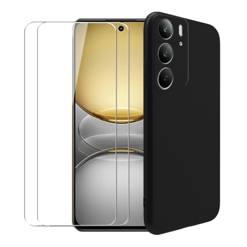 WDMYLFTW �P�[�X Realme C75 4G�p + [2���p�b�N] �K���X�X�N���[���v���e�N�^�[ �����t�B���� - �����V���R�� �\�t�g �t���L�V�u�� �o���p�[ �ϏՌ� TPU �ی�J�o�[�V�F�� (�u���b�N)