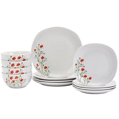 Tabletops Gallery 12-Piece White Floral Ceramic Dinnerware Set of Kitchen Dishes, Soft Square Dinner Salad Plates Cereal Bowls, Service for 4, Caroline