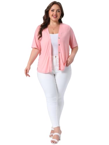 Image of Agnes Orinda Plus Size Cardigan for Women Button Down Sheer Round Neck Short Sleeve Knitted Sweater