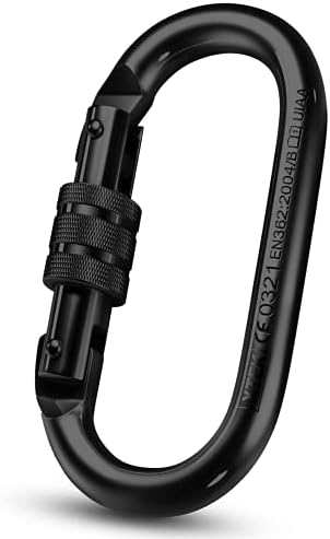25kn Climbing Carabiner Clip - Heavy Duty Black O-Shape Steel Locking Caribeaner - UIAA / CE Certified Rock Climbing Gear - Strong Large Locking Oval Caribeener for Mountain Climbing