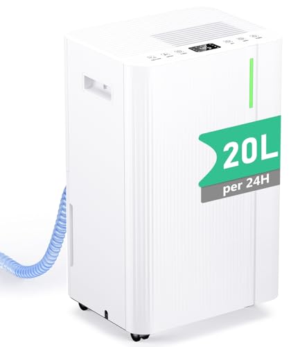 Deshumidificador 20L/Día, Deshumificadores Electrico con Compresor, 3 Modos, Silencioso y de Bajo Consumo, Depósito 5L, Drenaje Continuo, Temporizador 24h, Control Automático de Humedad para Hogar