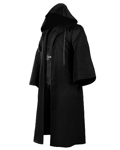 Hicarer Hooded Robe Cloak for Men Halloween Wizard Costume Knight Cosplay Elven Cape Medieval Renaissance Costume(Adult, Large,Black)
