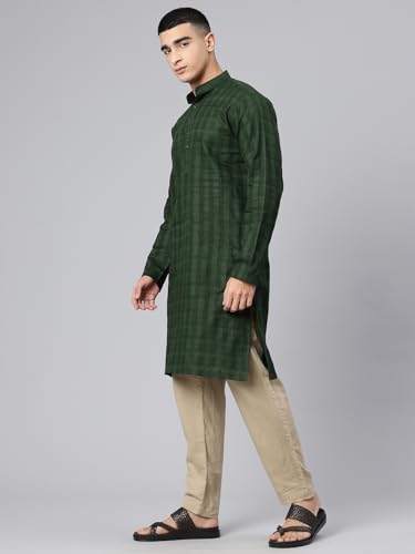 Image of Majestic Man Men's Pure Cotton Textured Check Mandarin Collar Long Kurta