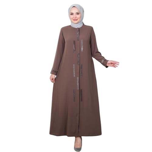 modaincr Abaya for Muslim Women | Plus-Size Long-Sleeve Zip-Up Hijab Abaya with Stone Details | Muslim Women's Fashion (Milky Brown, XX-Large)