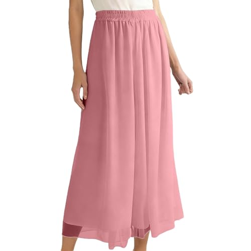 Plain Satin Chiffon Palazzo Trousers with High Waisted - Cropped Wide Leg, 9/10 Length, pink, M