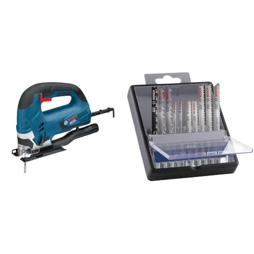 Bosch Professional Stichsäge GST 90 BE (inkl. Innensechskantschlüssel SW 5, 1x Stichsägeblatt) + 10x PRO Hardwood and Laminate Stichsägeblatt-Set (für Hartholz, Parkett, Länge 83 mm, Zubehör)