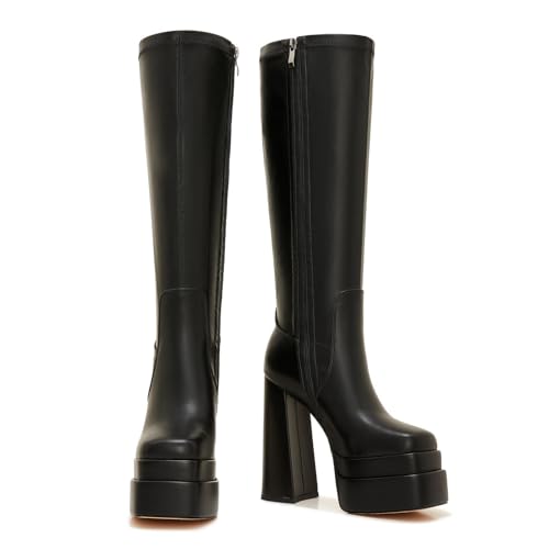 ZXHYZLZ Wide Calf Platform Boots for Women Knee High – Plus Size Square Toe Chunky Heel Fall Winter Boots3