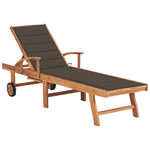 HaoChrymec Tumbona de Exterior, Hamaca Plegable con Cojín, Madera de Teca Natural, Respaldo Ajustable 4 Posiciones, Ruedas para Fácil Movimiento, Tumbonas Jardin Exterior,Taupe, 195 x 59.5 cm