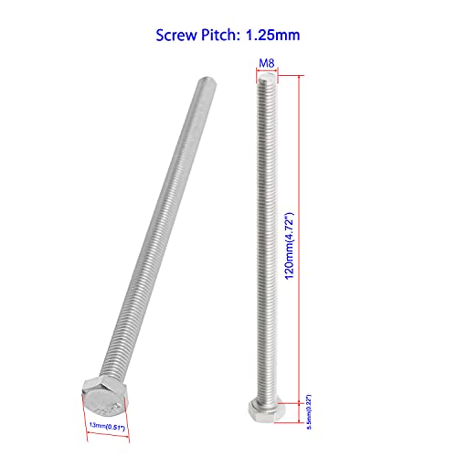 Image of 6 Pcs, SUS304 M8 x 120mm Hex Head Bolts Screws, Strength Grade A2-70 (Grade 5.8), Fully Threaded Plain Finish