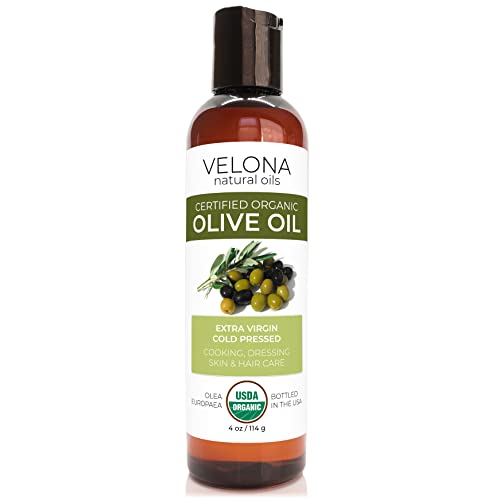 Velona USDA Certified Organic Olive Oil - 4 oz | 100% Pure and Natural Carrier Oil | Extra Virgin, Unrefined, Cold Pressed | Cooking, Dressing, Face, Hair, Body & Skin Care | Use Today - Enjoy Results