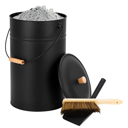FEED GARDEN 5.15 Gallon Ash Bucket with Lid,Shovel,Broom Ash Can for Fireplace Fire Pits,Wood Stoves,Fireplace Galvanized Iron Bucket,Pellet Charcoal Bucket,Indoor Outdoor，Black